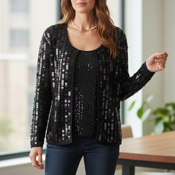 Joseph A Tops - Vintage Joseph A. 100% Silk Cardigan Sequins Set, Size XL